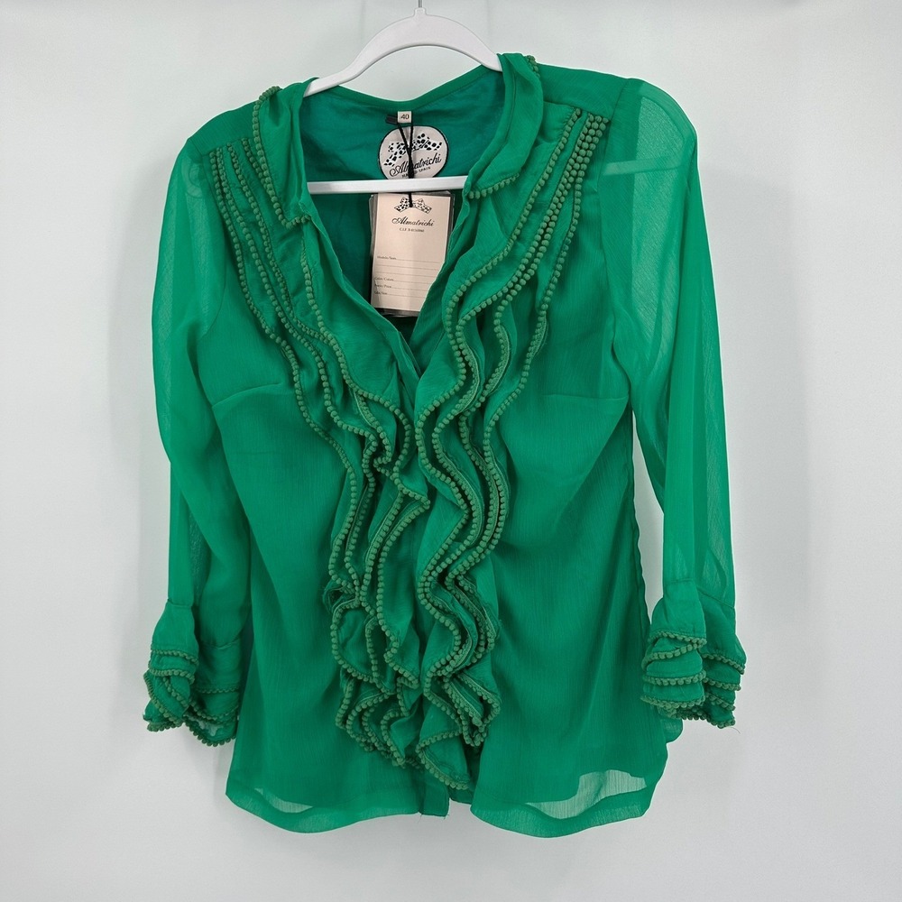 Almatrichi Womens Boho Romantic Top Size 40 US M Ruffle Pom Pom Chiffon Spain